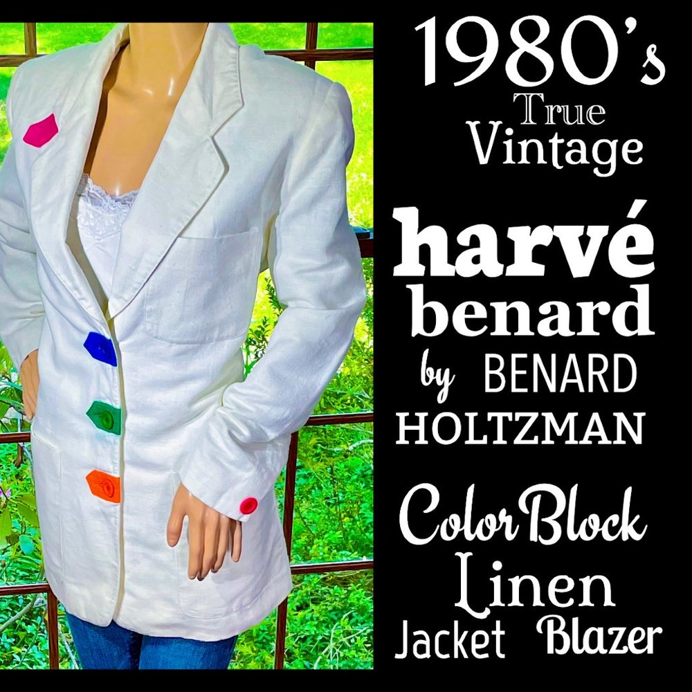 ▪️VTG▪️HARVE BENARD▪️1980's White Color Block Paneled Linen Blazer Jacket